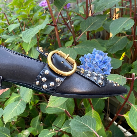 Prada Milano leather pointy toe studded fringe leather buckled flats black shoes - Picture 2 of 7